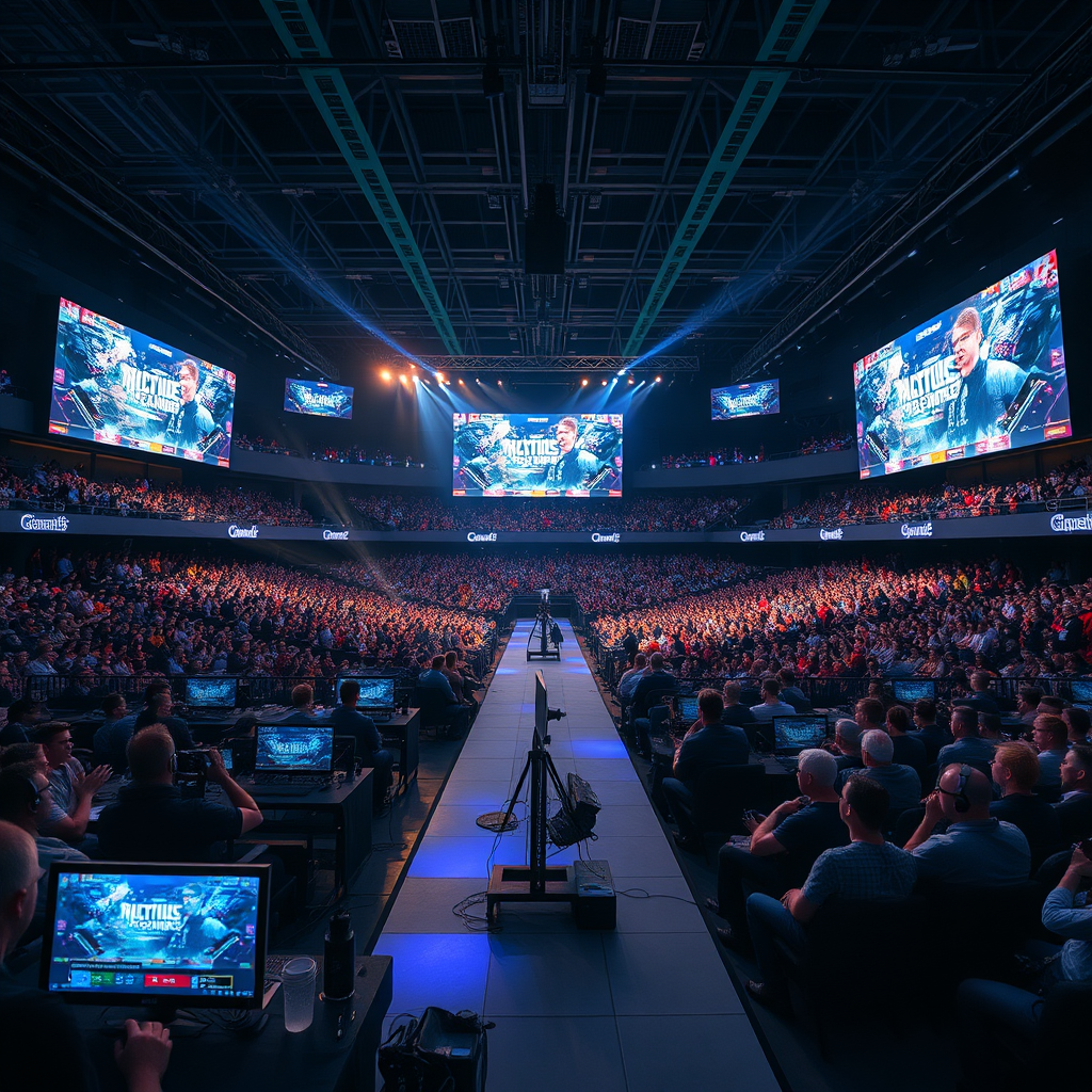 Large esports tournament arena filled with spectators watching competitive gaming matches on massive screens, professional gaming setups on stage with dramatic lighting