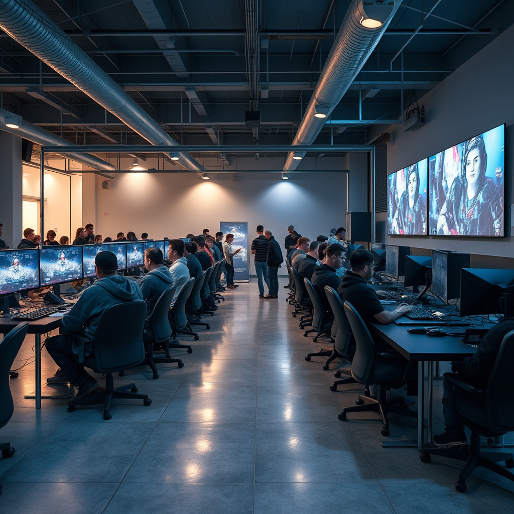 Independent game developers organizing community tournament with players gathered around gaming setups in a modern esports venue