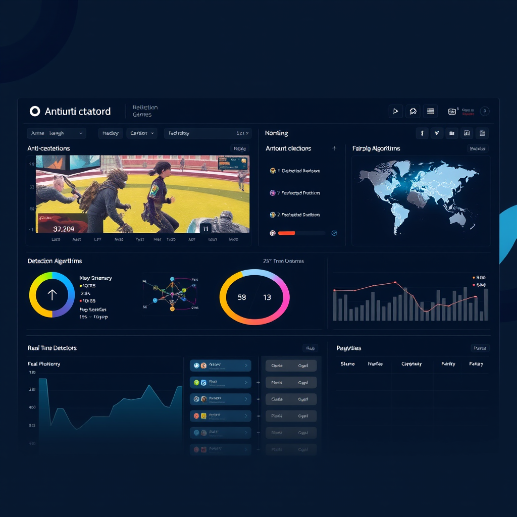 Modern anti-cheat technology dashboard showing real-time monitoring of competitive gaming matches with detection algorithms and fair play enforcement metrics