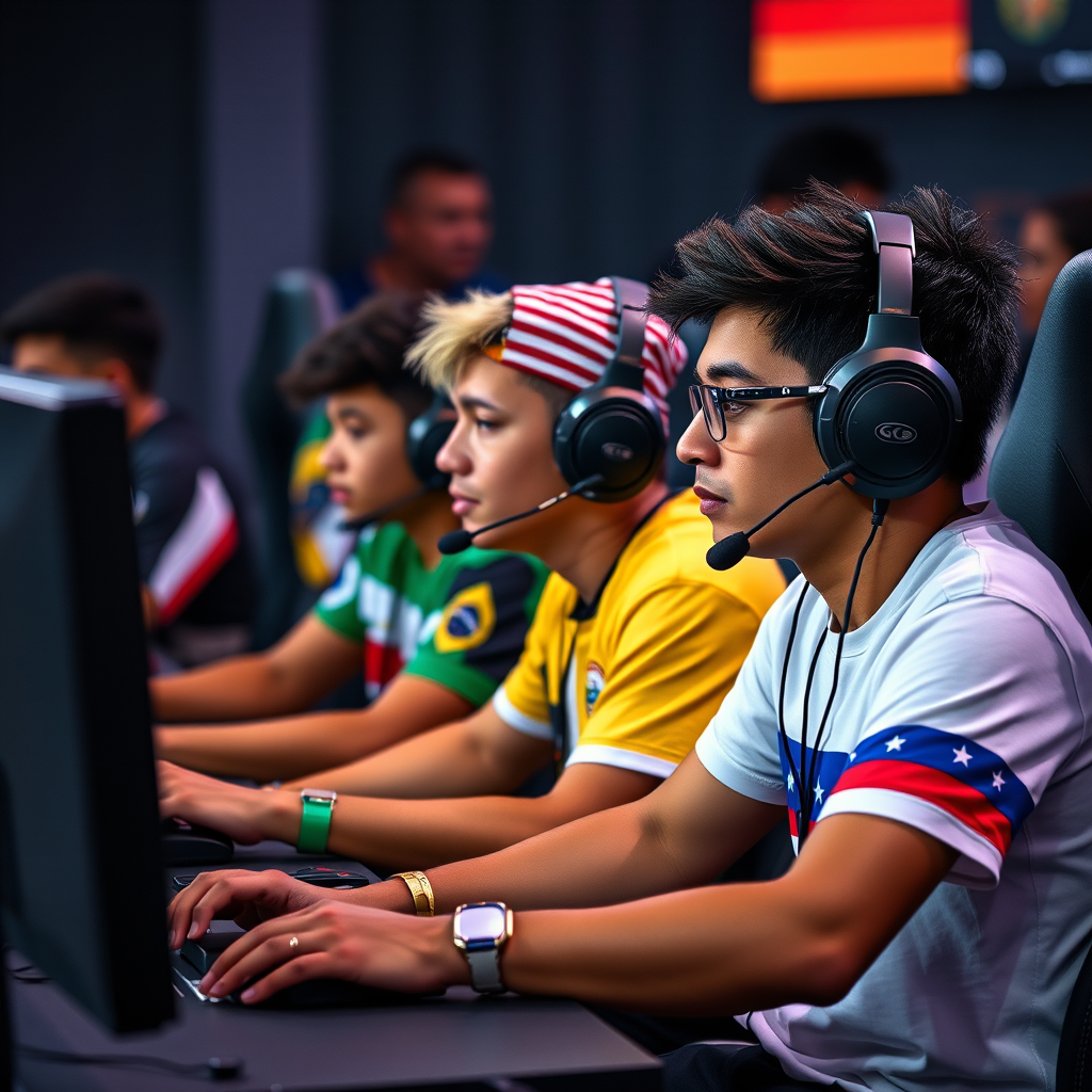 Diverse gamers from Latin America, Southeast Asia, and Eastern Europe competing in regional esports tournaments with their national flags displayed