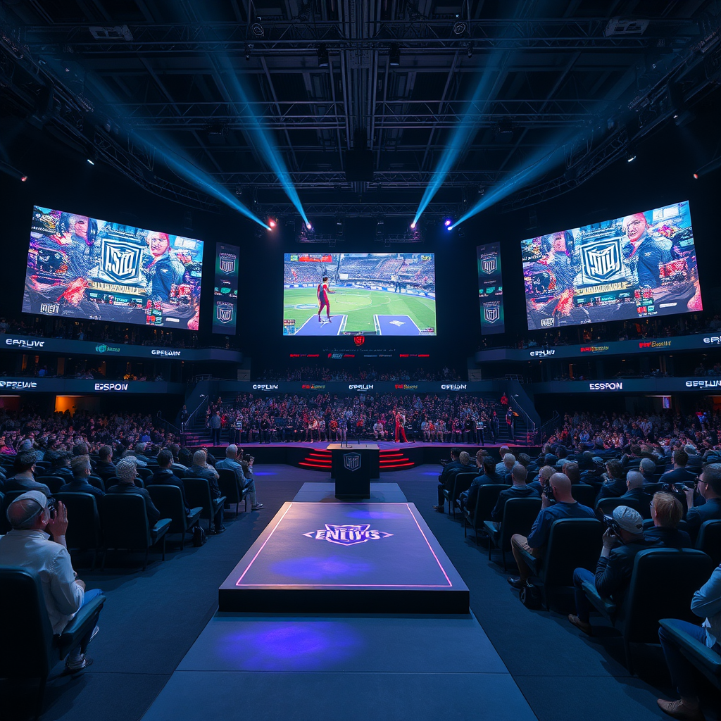 Professional esports tournament stage with large screens showing competitive gaming match, audience in background, modern arena lighting with publisher logos and sponsor banners visible