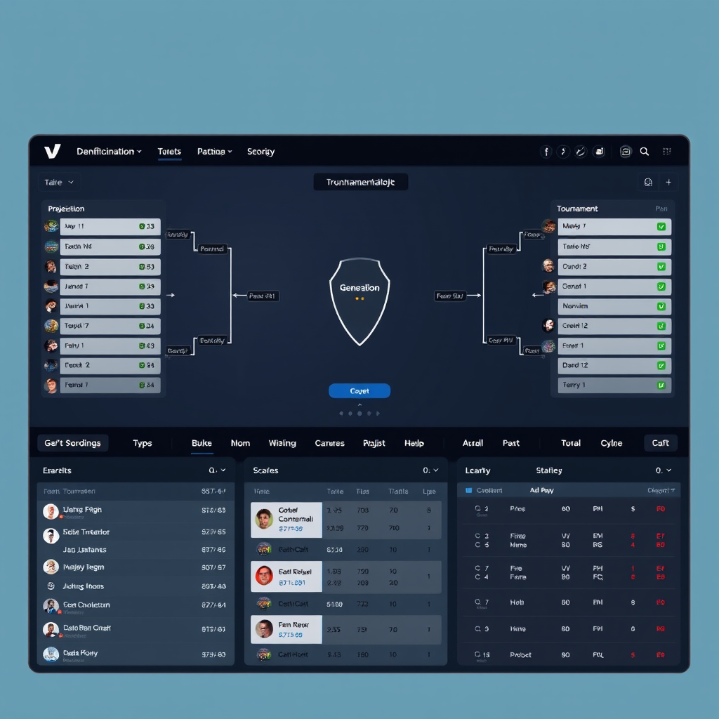Professional tournament management dashboard showing bracket generation, real-time scoring systems, and participant management interface for competitive gaming events