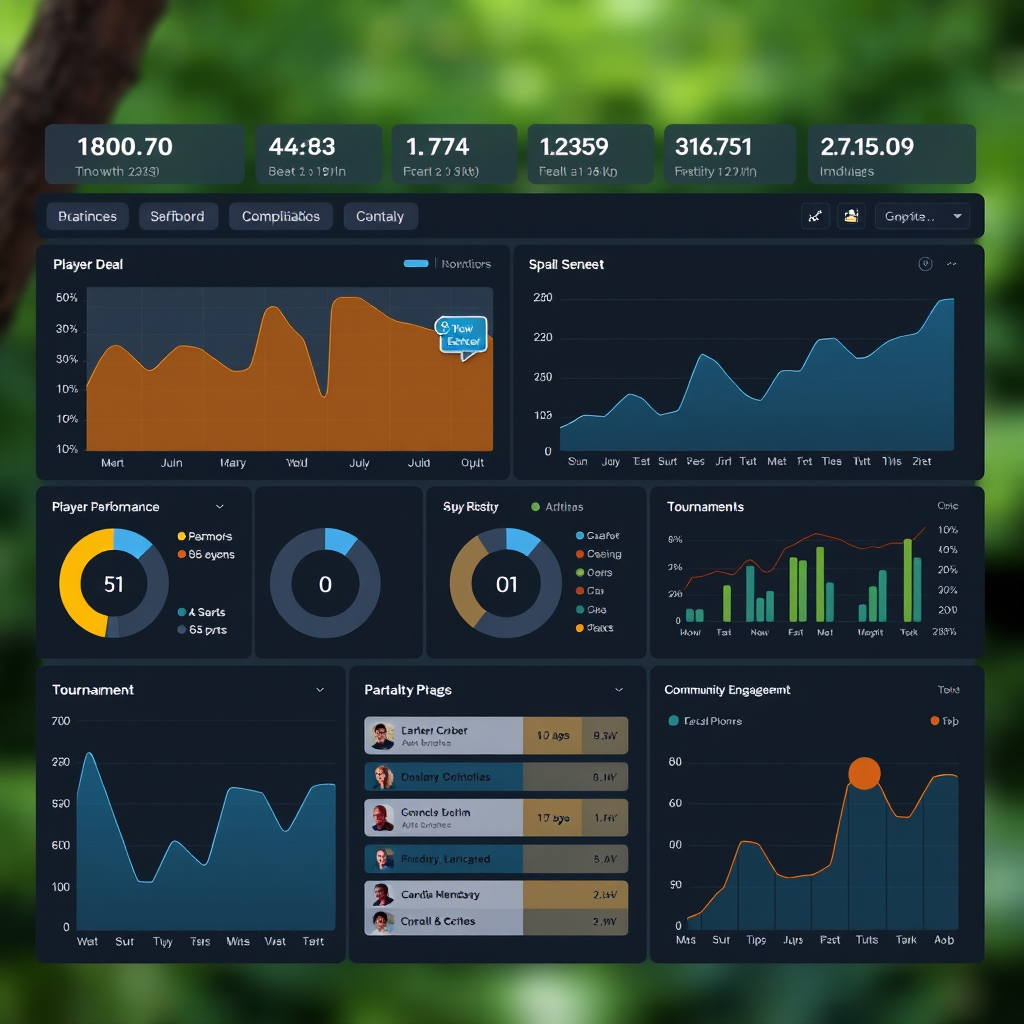 Advanced analytics dashboard showing real-time player behavior metrics, tournament performance statistics, and community engagement data with interactive charts and graphs
