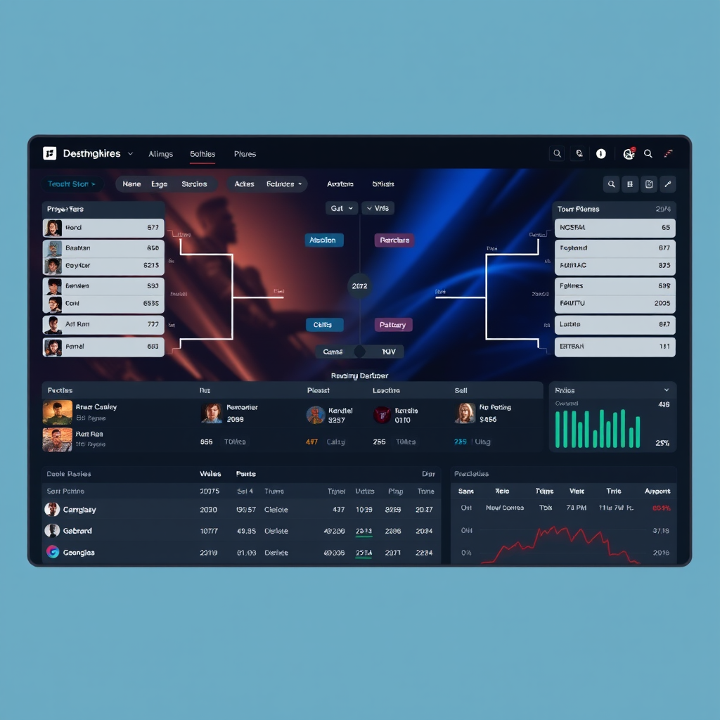 Professional esports tournament management dashboard showing match brackets, player statistics, and real-time competition data for game studios and publishers