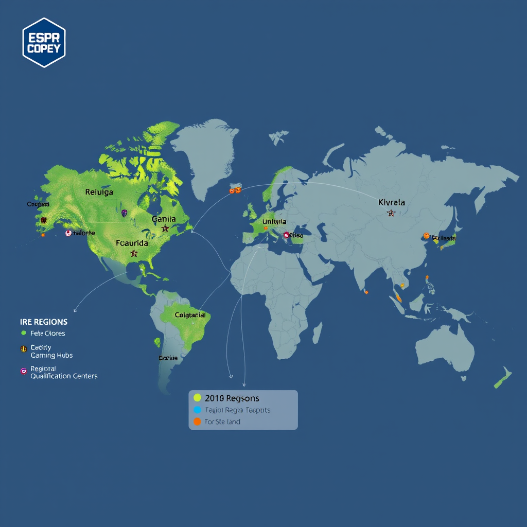 World map highlighting participating regions in the esports tournament with connection lines between major gaming hubs and regional qualification centers