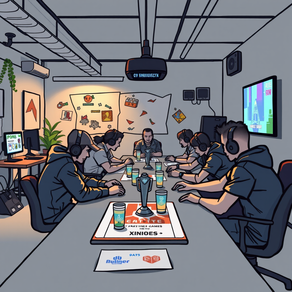 Small indie game studio hosting community tournament with diverse group of players competing in friendly atmosphere