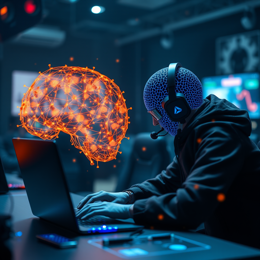 Visualization of machine learning algorithms analyzing player behavior patterns to detect cheating in competitive gaming environments