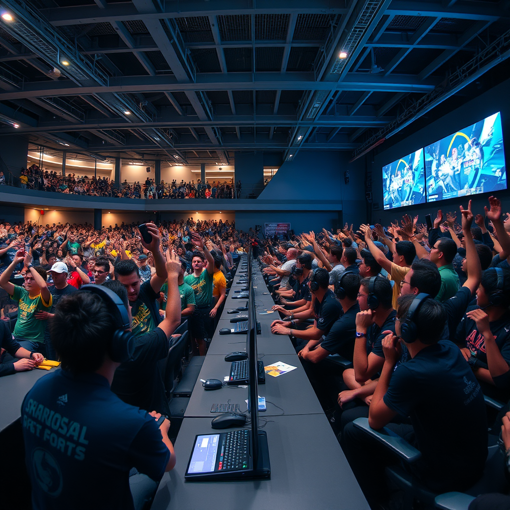 Brazilian esports tournament featuring enthusiastic crowd cheering for professional players in a modern gaming arena