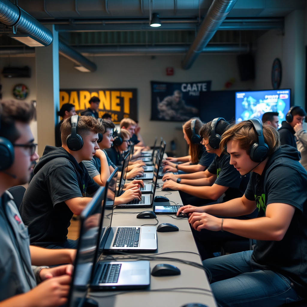 Diverse group of amateur gamers competing in local tournament setup with laptops and gaming peripherals, casual venue environment with enthusiastic participants