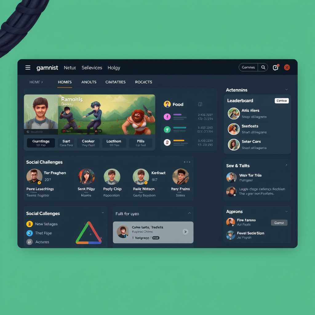 Gaming community engagement platform interface displaying player leaderboards, achievement systems, social challenges, and community forums for enhanced player retention