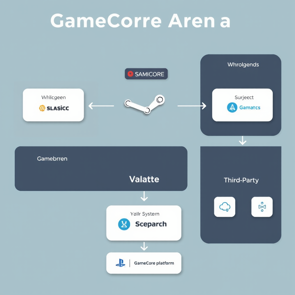 Technical architecture diagram showing faceitie integration with Steam, Valve systems, and third-party gaming platforms