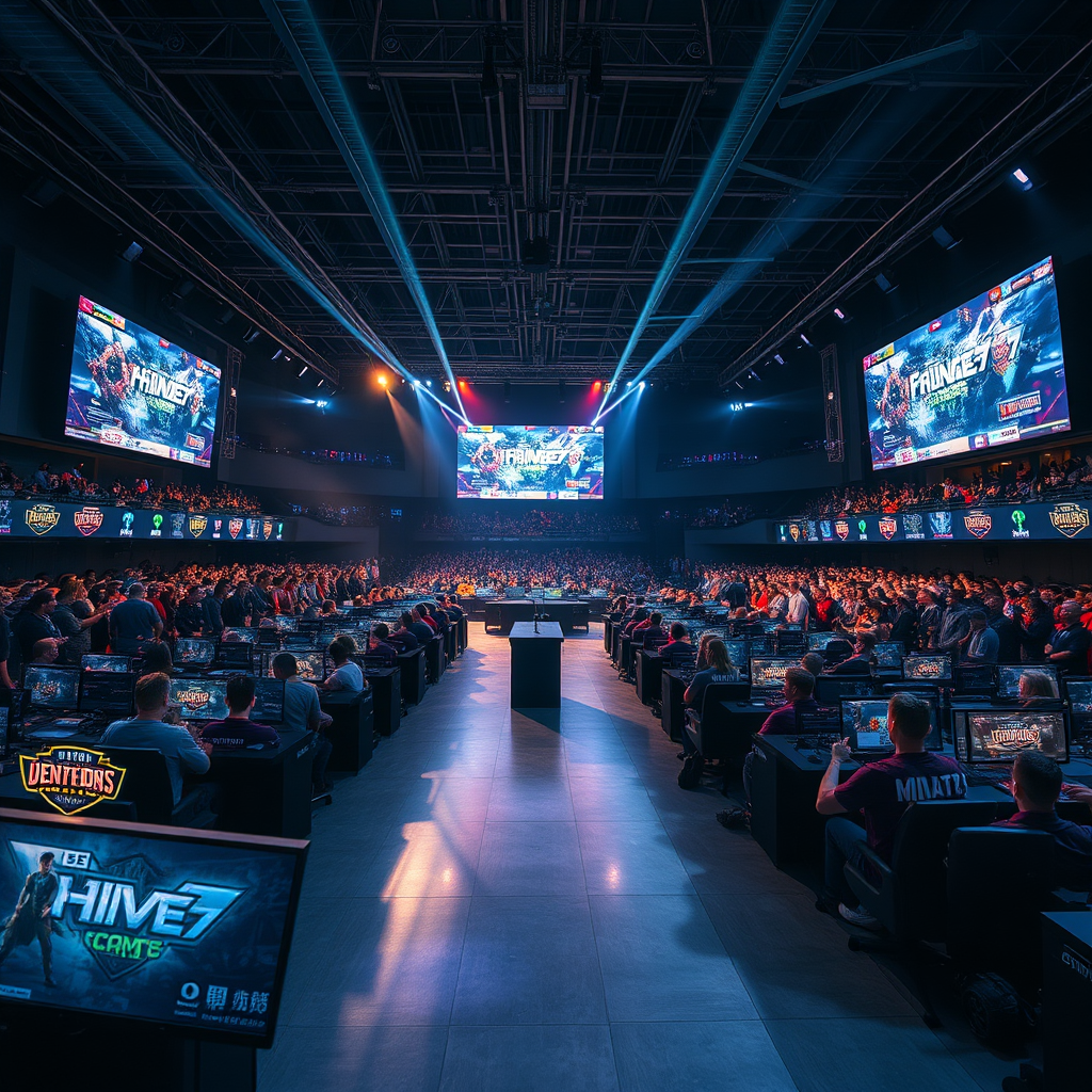Professional esports tournament arena with multiple gaming stations, large screens displaying competitive matches, and crowds of spectators watching intense gaming competition with dramatic lighting and championship atmosphere