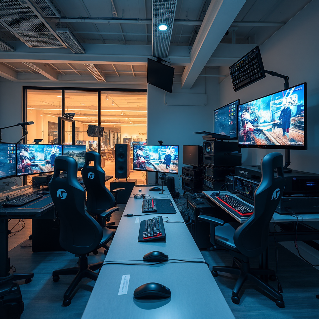 High-tech gaming setup with multiple monitors, professional gaming peripherals, and advanced streaming equipment in a modern esports facility
