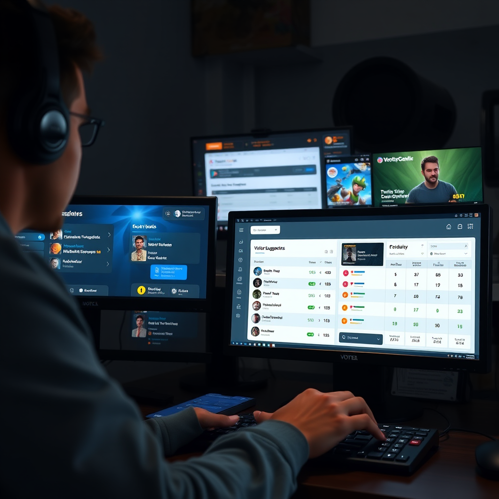 Game developer reviewing community feedback dashboard showing tournament suggestions and player voting results on multiple screens