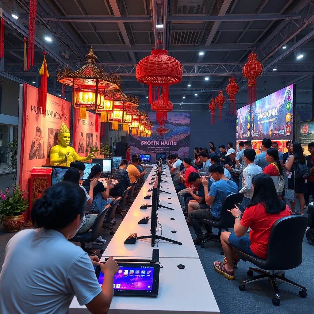 Southeast Asian mobile gaming tournament featuring traditional cultural decorations combined with modern gaming equipment and enthusiastic participants