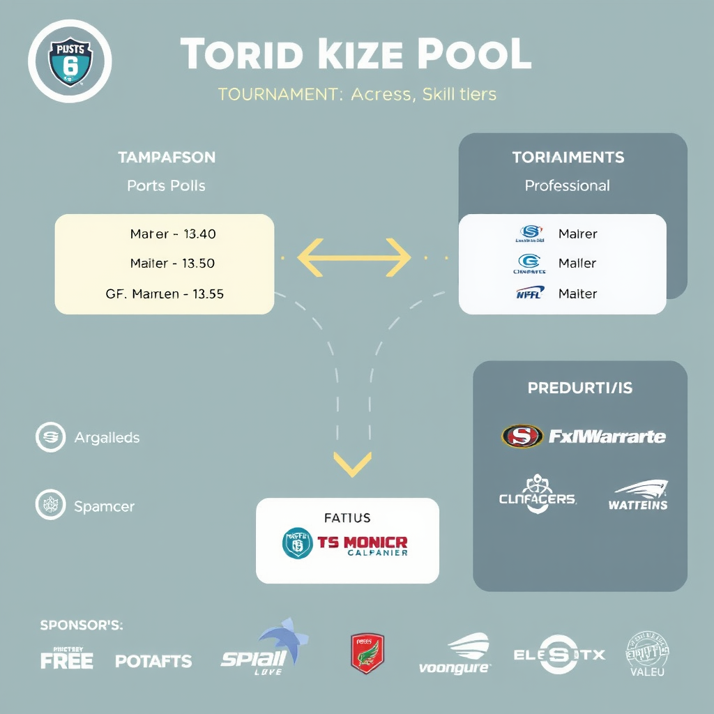 Infographic showing tournament prize pool distribution across different skill tiers, with arrows connecting amateur tournaments to professional leagues, sponsor logos integrated throughout