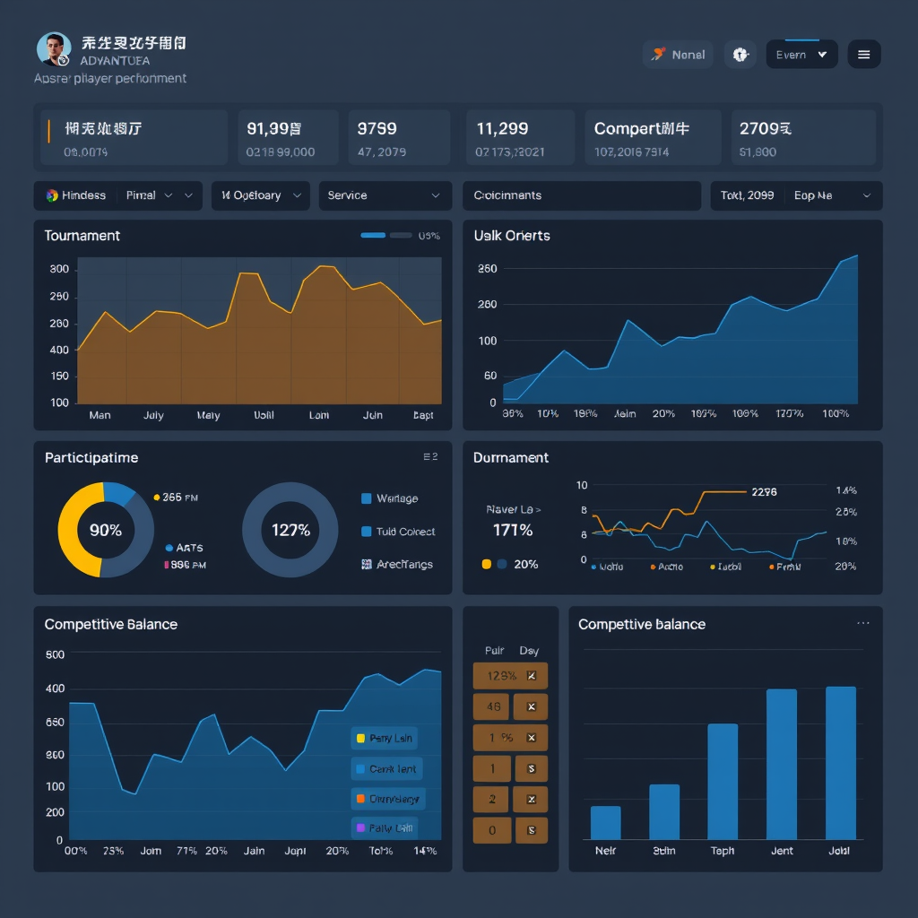 Advanced analytics dashboard showing detailed player behavior insights, tournament performance metrics, participation rates, and competitive balance data visualization