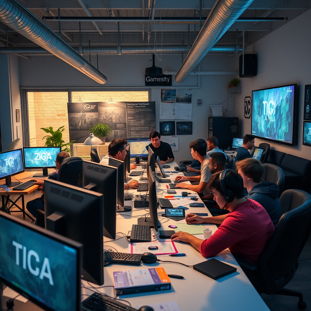 Indie game developers working collaboratively in a modern studio environment with community members participating in tournament planning, featuring diverse group of people around computers and gaming setups with community-driven competitive gaming atmosphere