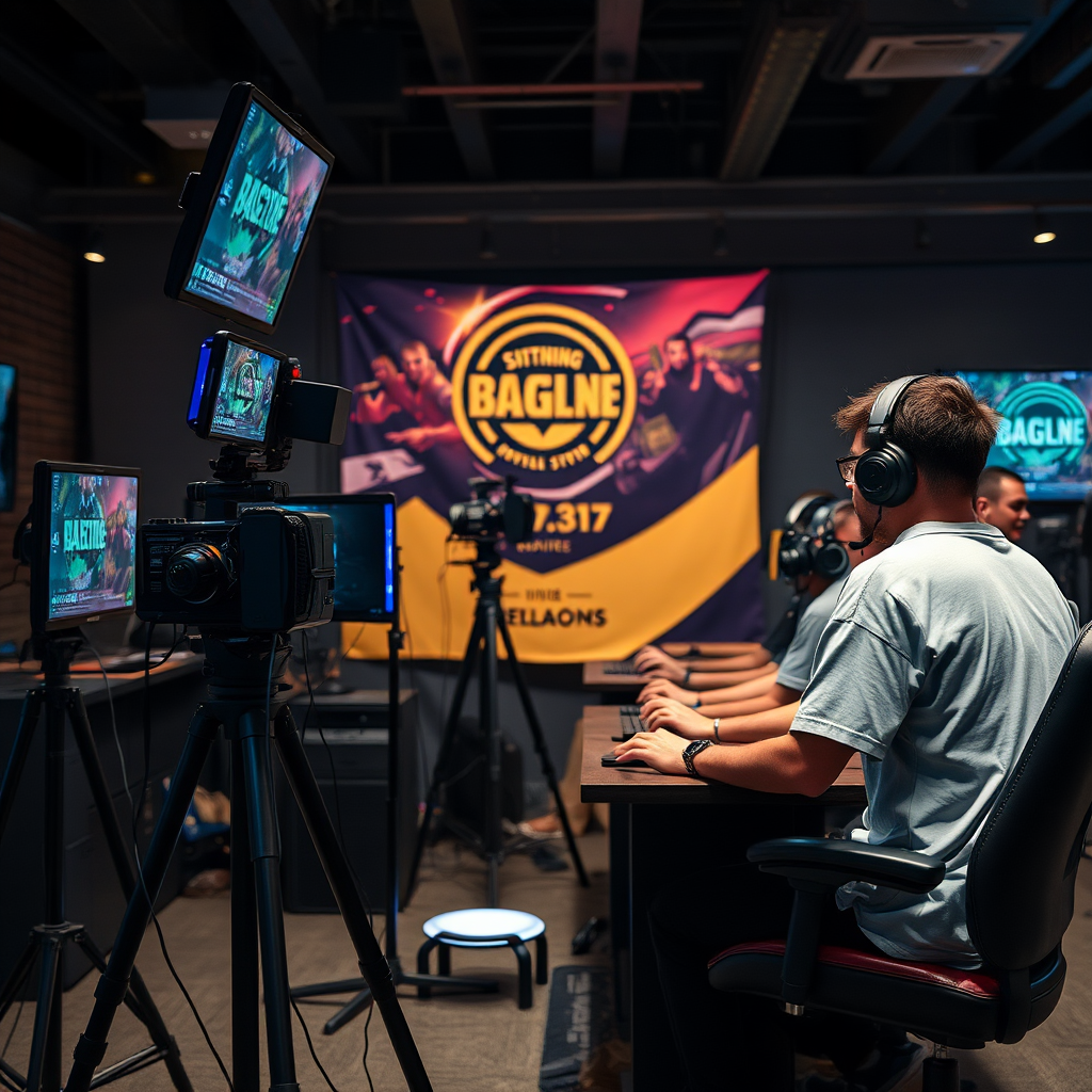 Indie game developers setting up tournament streaming equipment and player stations for community-hosted competitive event
