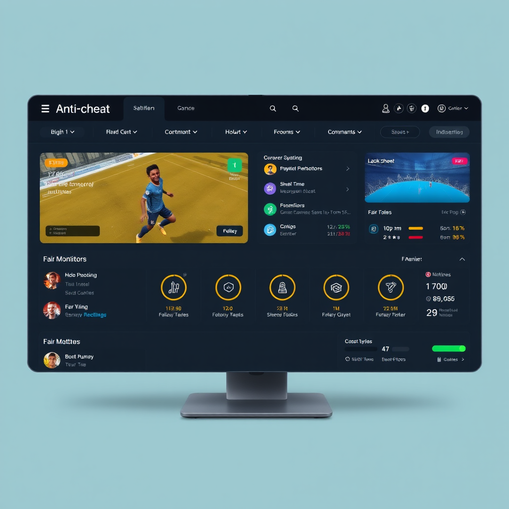 Gaming platform interface showing integrated anti-cheat system with real-time monitoring, player statistics, and fair play indicators for competitive matches