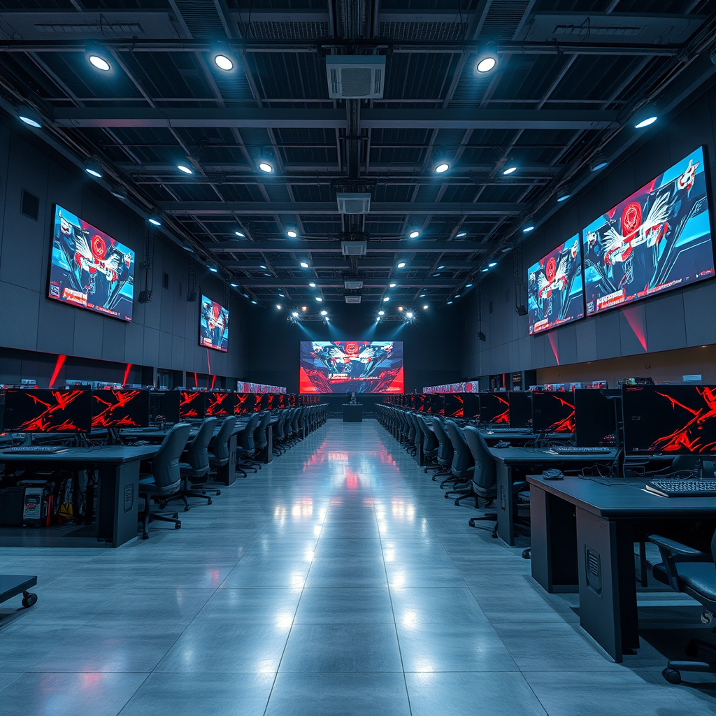 Modern esports arena in Eastern Europe featuring rows of high-tech gaming stations with professional lighting and tournament setup
