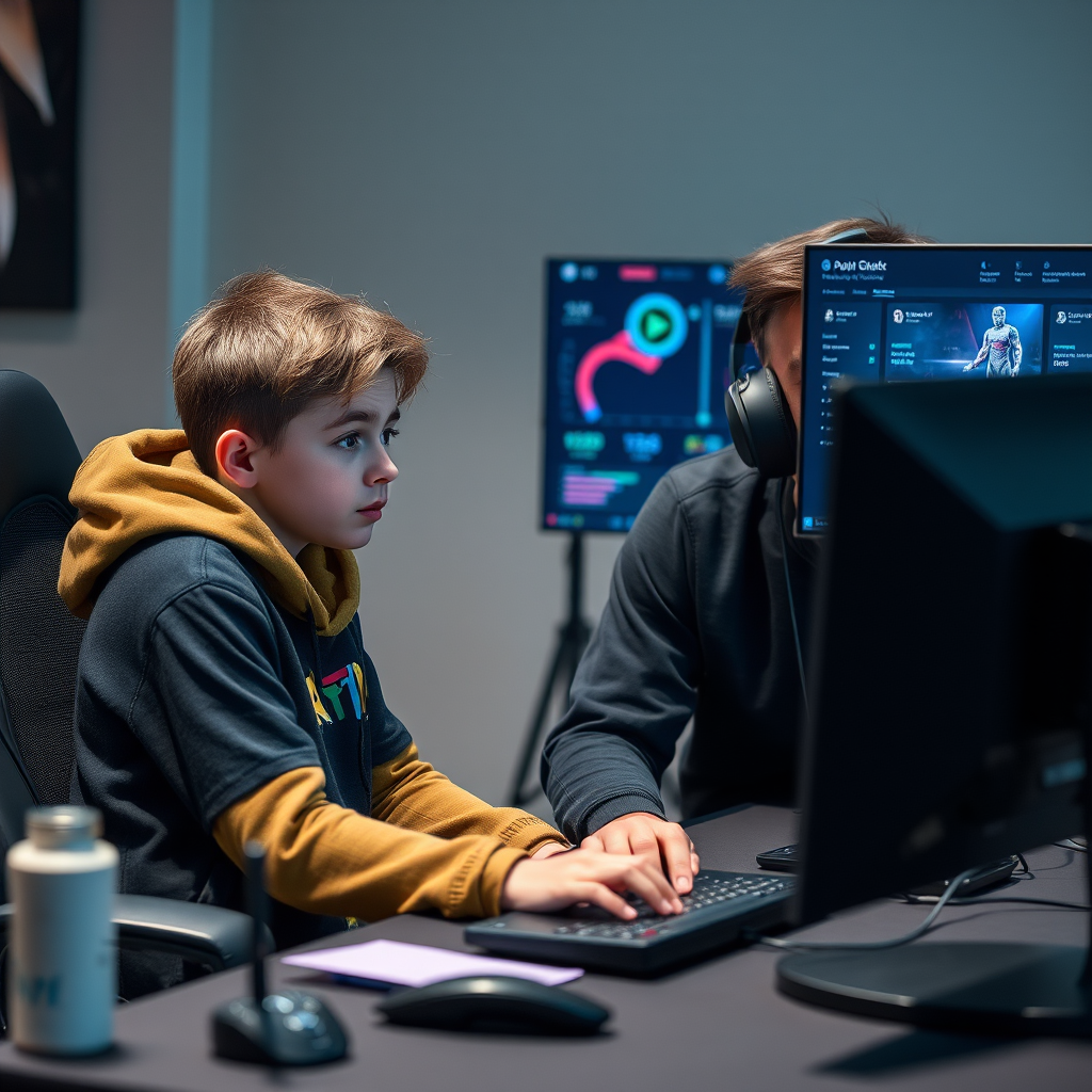 Young gamer receiving coaching from professional esports player, both looking at gaming setup with analysis tools and performance metrics displayed on screen