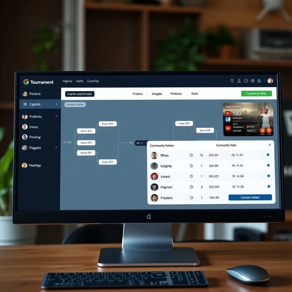 Modern tournament management platform interface showing bracket creation, player registration, and community voting features on computer screen