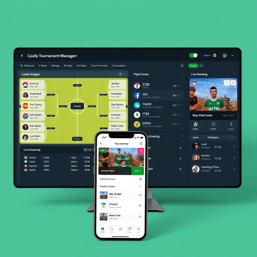 Split screen showing tournament management dashboard with match brackets, player statistics, and live streaming integration alongside mobile app interface for tournament participation