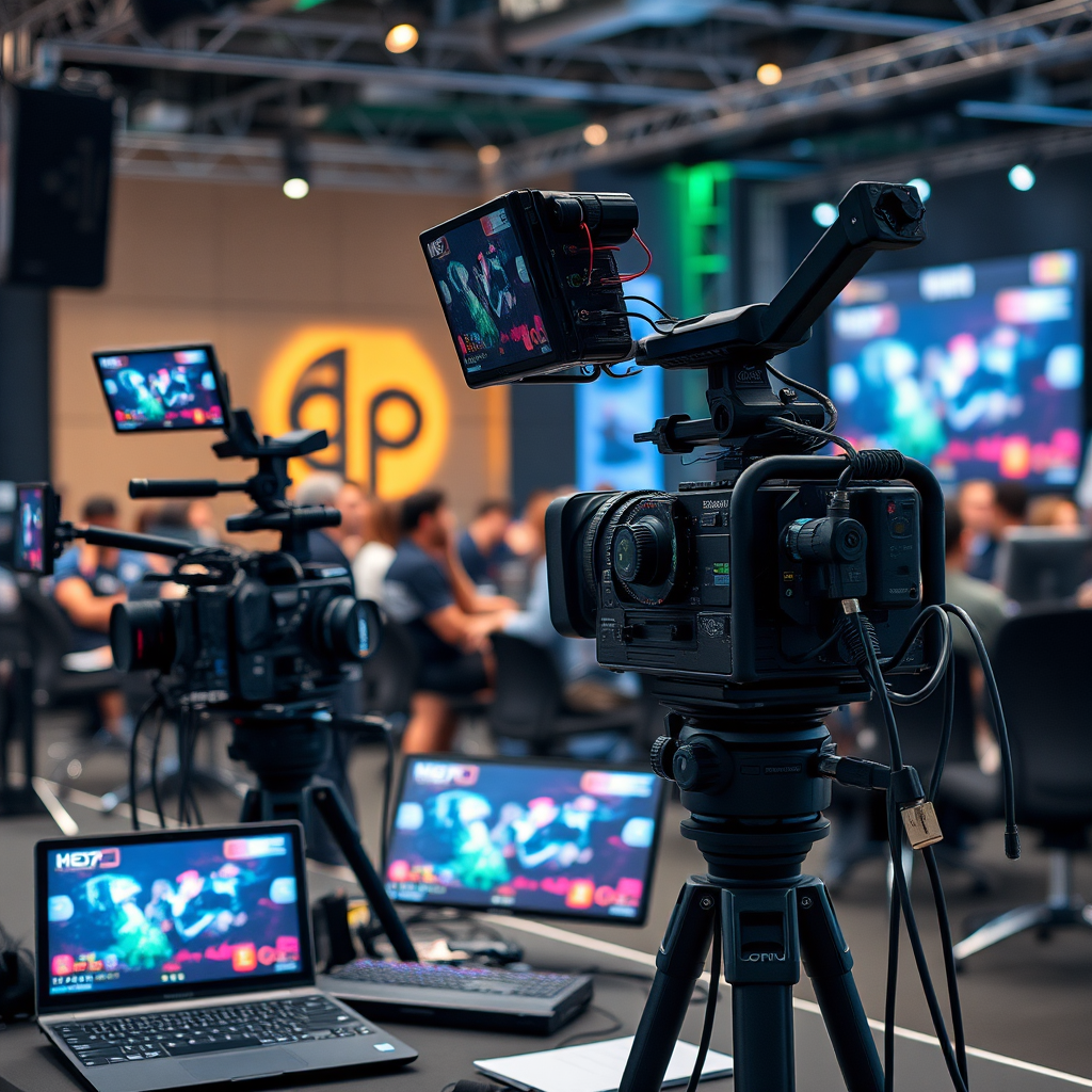 Professional broadcasting setup for competitive gaming events featuring multi-camera coverage, live streaming equipment, real-time graphics overlays, and media production tools